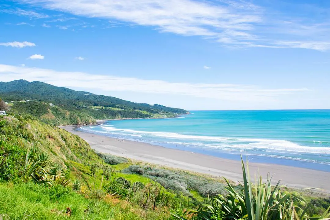 Ngarunui Beach from above near Raglan, New Zealand