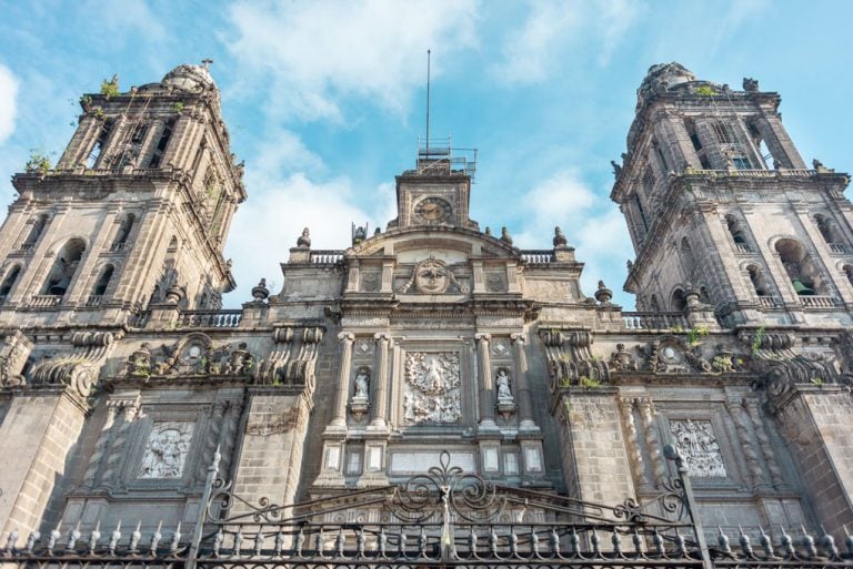 The central cathedral in Mexico City, Mexico, one of the best areas to stay in Mexico City and find a hostel