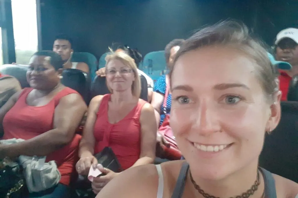 two women riding in a local bus in Fiji