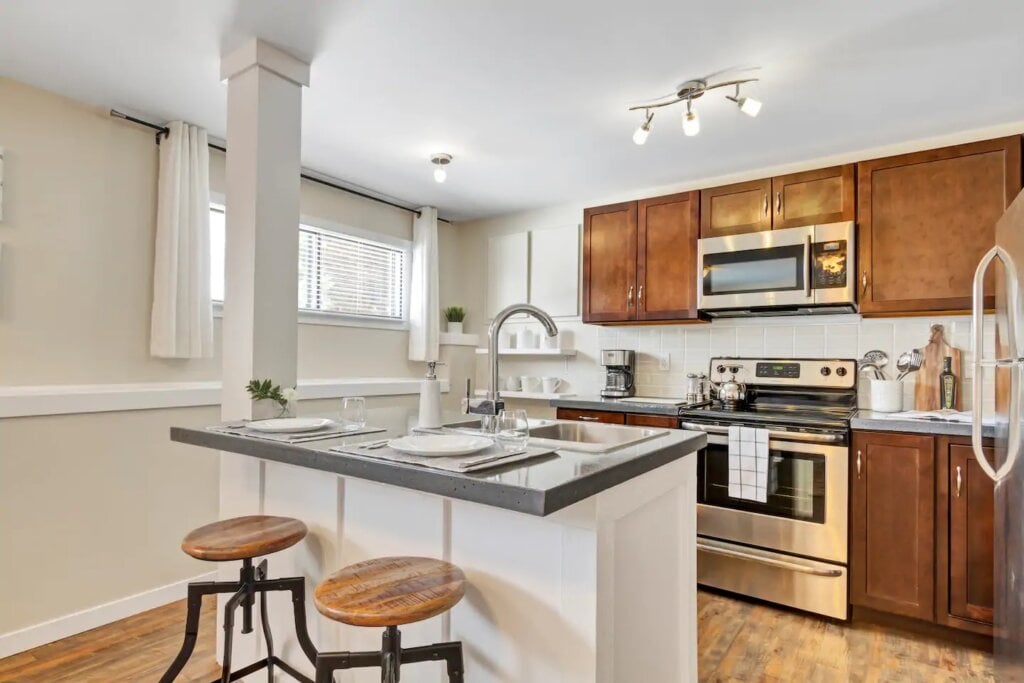 the kitchen inside the new suite near silverstar Airbnb in Vernon, BC