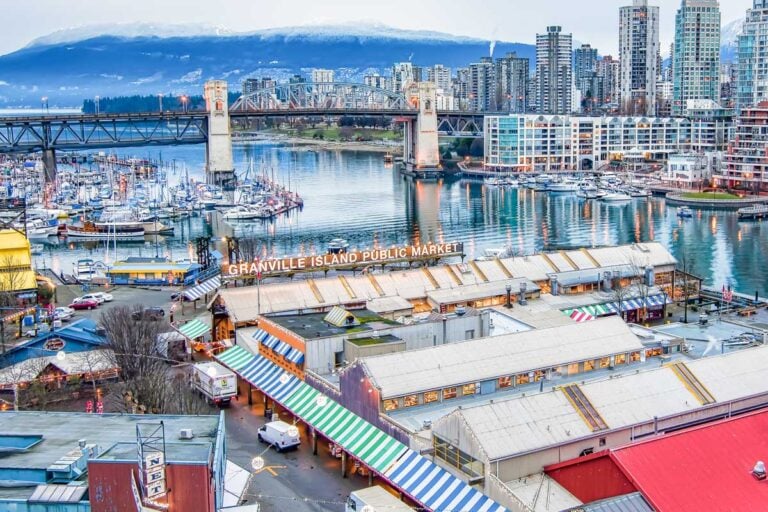 Birds eye view of Granville Island and the public market in Vancouver, BC