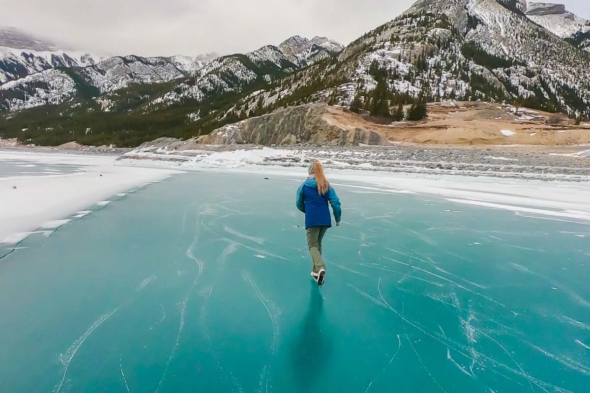 Ice skating on a frozen lake in Canada