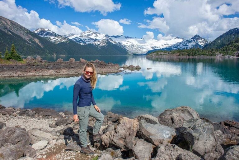 Bailey poses for a photo on the edge of Garibaldi Lake