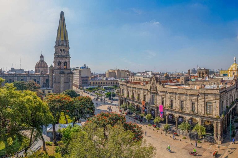 Birds eye view of Plaza de Armas in Guadalajara, Mexico