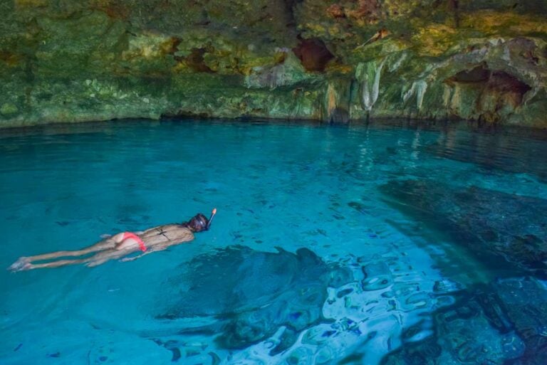Bailey snorkeling in Cenote Dos Ojos near Tulum, Mexico