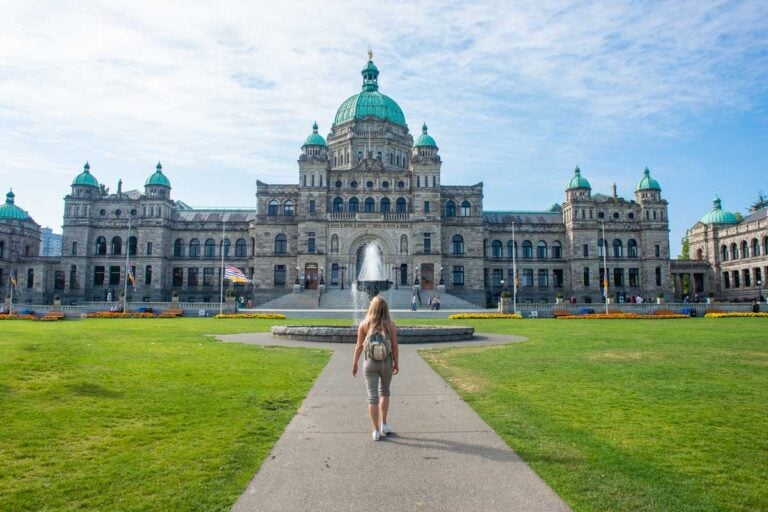 Bailey walks in front of the Legislative Building in Victoria BC