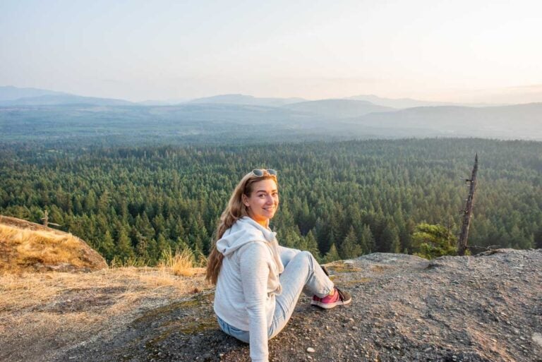 Bailey looks at the camera at Little Mountain Lookout near PArksville, BC