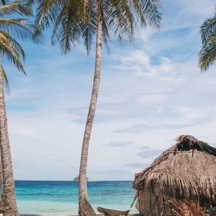 Palm tree and small hut on the San Blas Islands, Panama