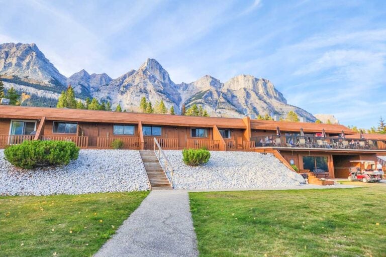 The bar and outside of the hotel of The Crossing Resort, Alberta