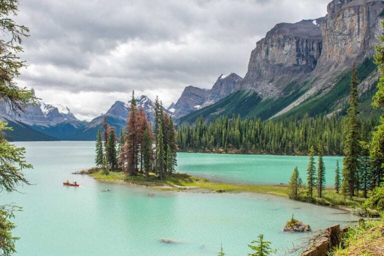 Scenic shot of Spirit Island on Maligne Lake Canada