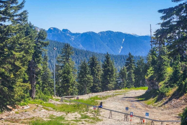 the Cypress Mountain Coaster track near Vancouver, BC with mountains in the distance