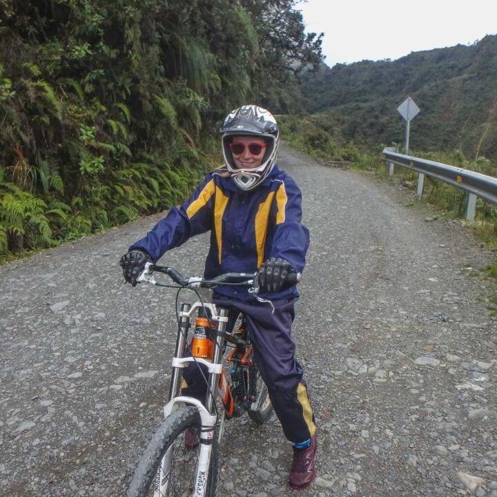 Bailey on a bike on the Death Road in Bolivia