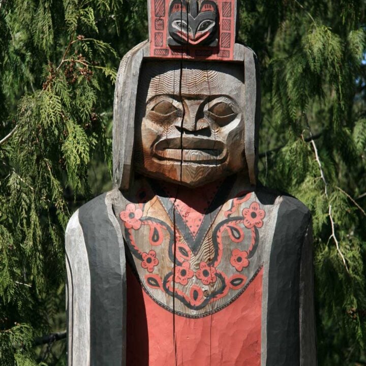 Close up of a Totum Pole at Capilano Suspension Bridge in Vancouver