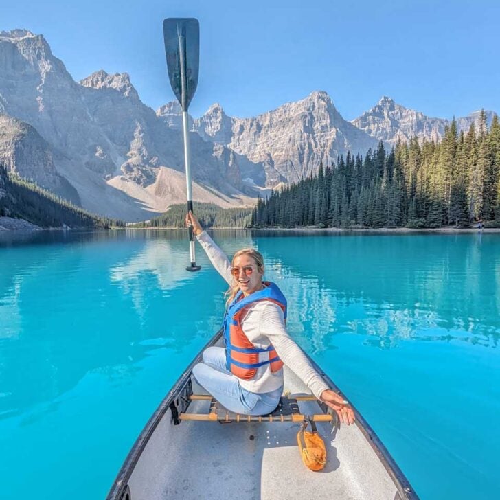 Bailey in a canoe at Moraine Lake, Banff NP