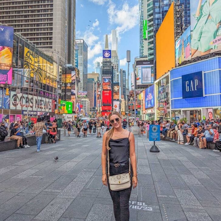 Bailey poses for a photo at Times Square in New York City