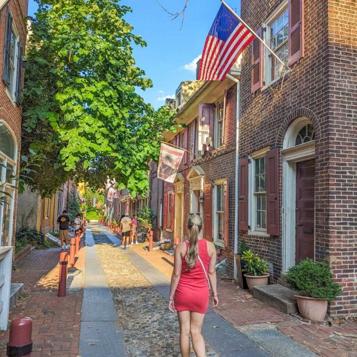 Bailey walks through Elfreth's Alley and Museum in Philadelphia, USA