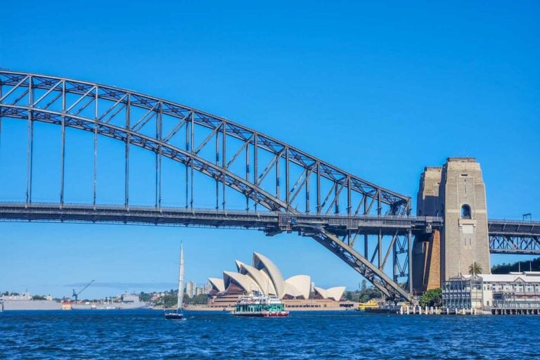 The Sydney Harbour Bridge and Sydney Opera House from a cruise in Sydney, Australia
