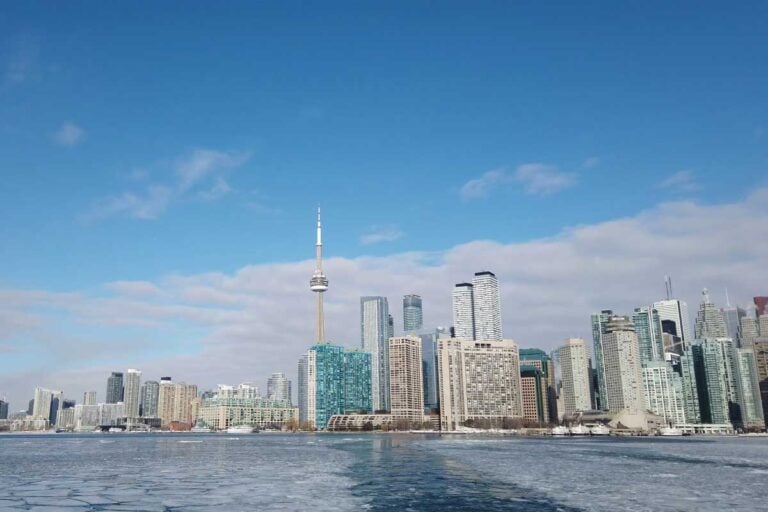 Views of Toronto skyline from the back of ferry on the way to the Toronto Islands