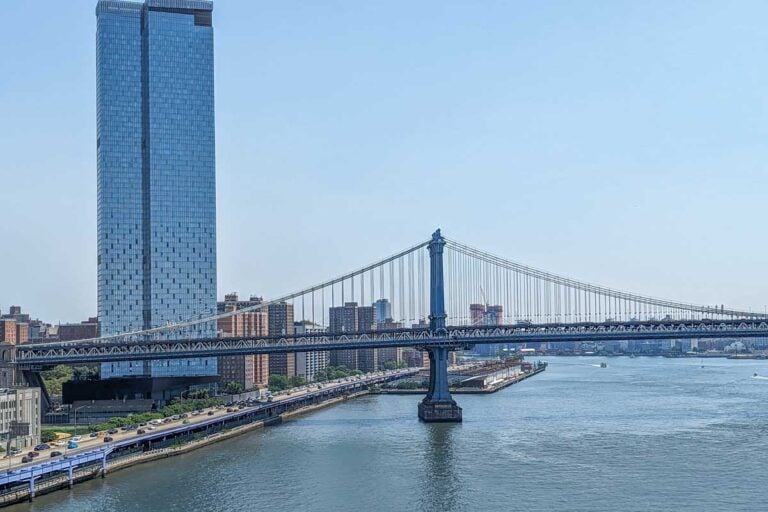 Manhattan Bridge as seen from the Brooklyn Bridge in New York City