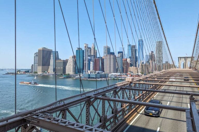 Views of Manhattan from the Brooklyn Bridge Walkway in New York City