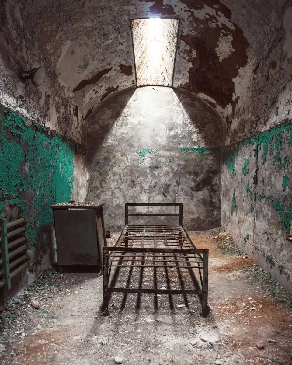 A bed in Eastern State Penitentiary in Philadelphia, Pennsylvania