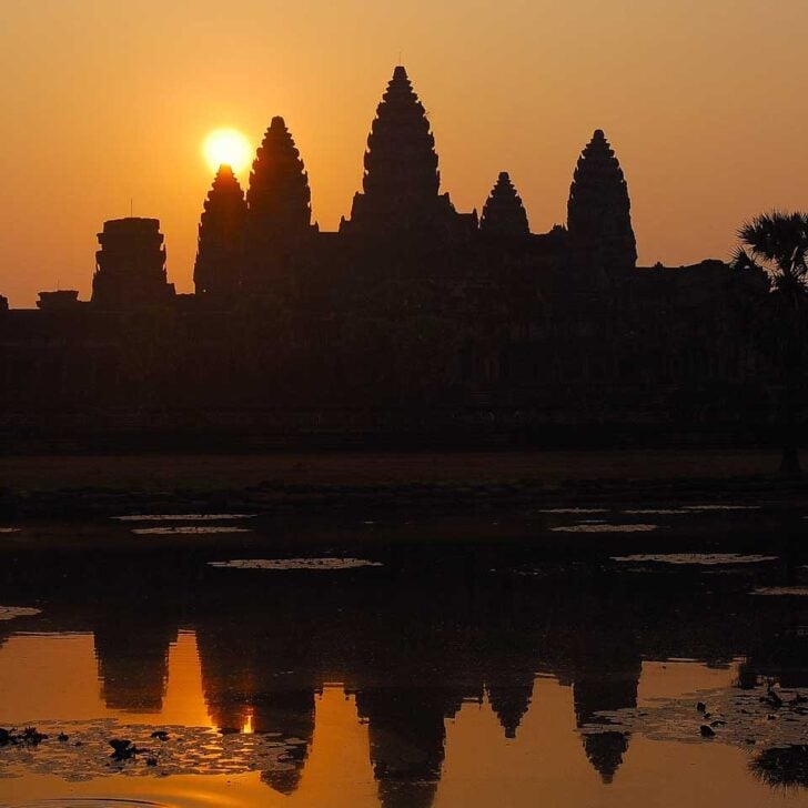 Angkor Wat Temple at sunrise with water Siem Reap Cambodia