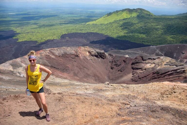 Bailey by the Cerro Negro crater while volcano boarding in Nicaragua