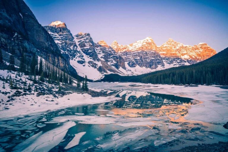 Frozen Moraine Lake in Banff National Park near Banff AB Canada