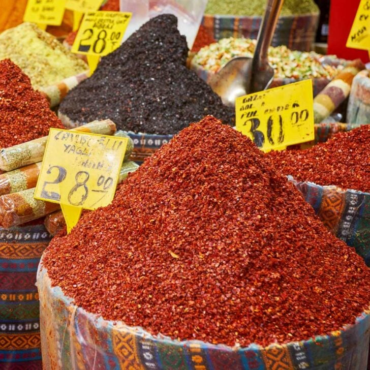 A market with spices seen on a food tour in Istanbul, Turkey