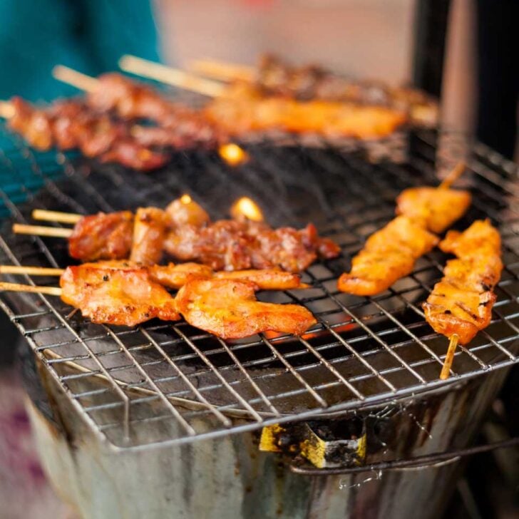 Grilled meat on a food tour in Phnom Penh Cambodia