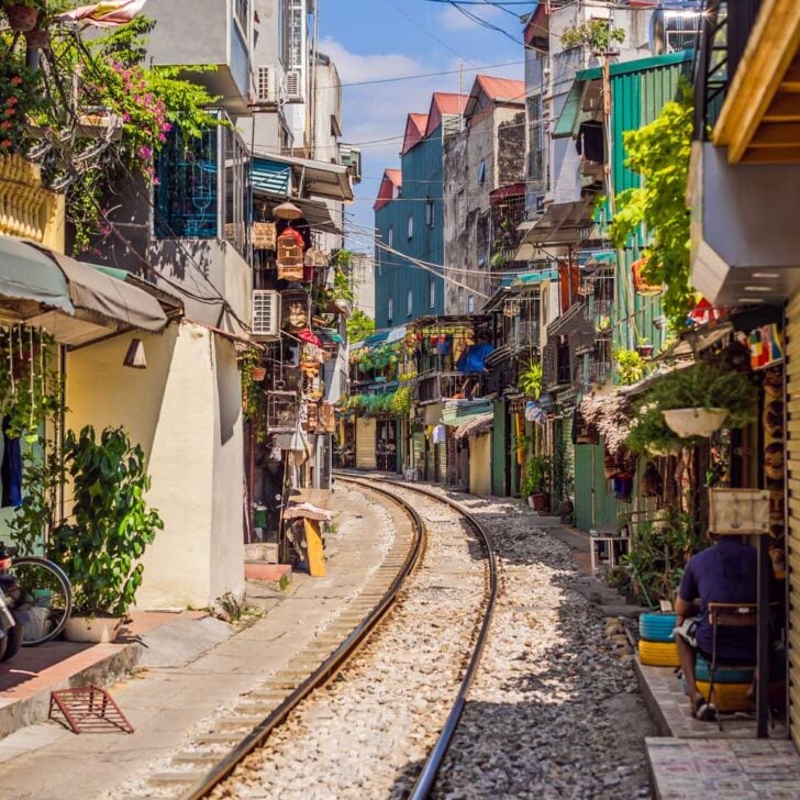Hanoi train street, old house and railroad in Hanoi, Vietnam on a jeep tour