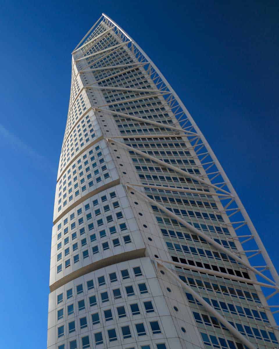 Looking up at Turning Torso in Malmö, Sweden near Copenhagen Denmark