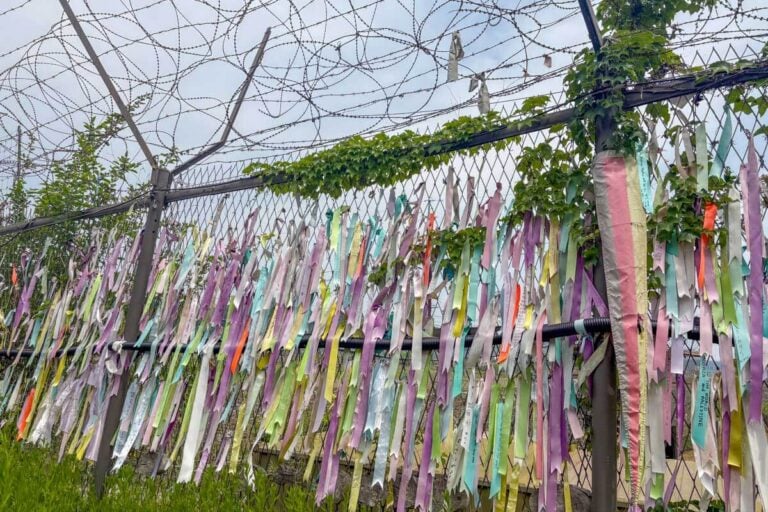 A barbed wire fence at the DMZ with ribbons on it on a tour from Seoul, South Korea (2)