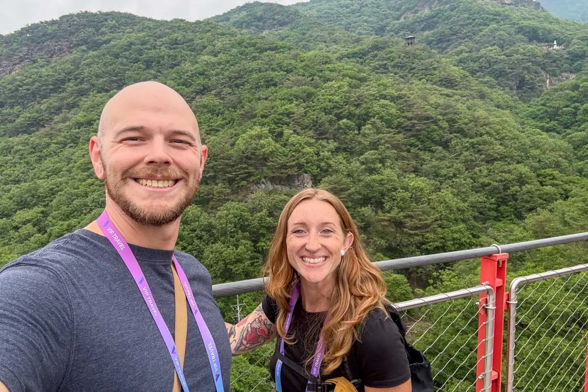 Evan and Meghan on the Evan and Meghan on the Red Suspension Bridge, Gamaksan Mountain, on a tour from Seoul, South Korea on a DMZ tour, on a tour from Seoul, South Korea on a DMZ tour