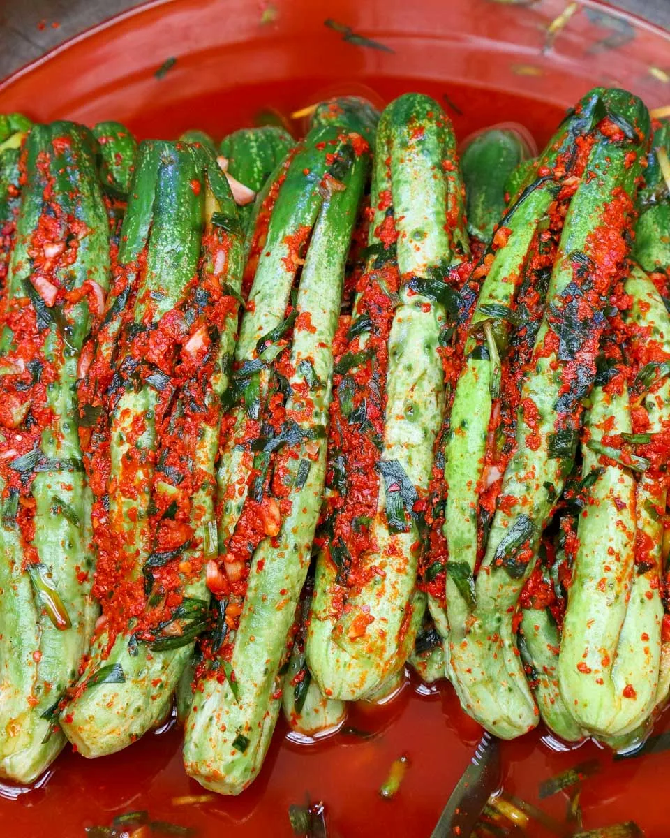 Kimchi cucumbers at traditional Gwangjang Market in Seoul South Korea on a food tour