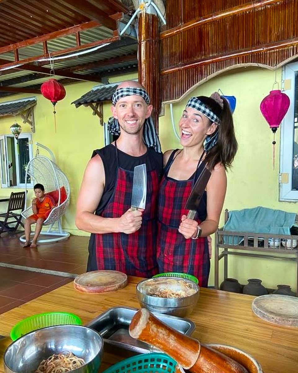 Our friends get ready to cook at a Hoi An cooking class tour