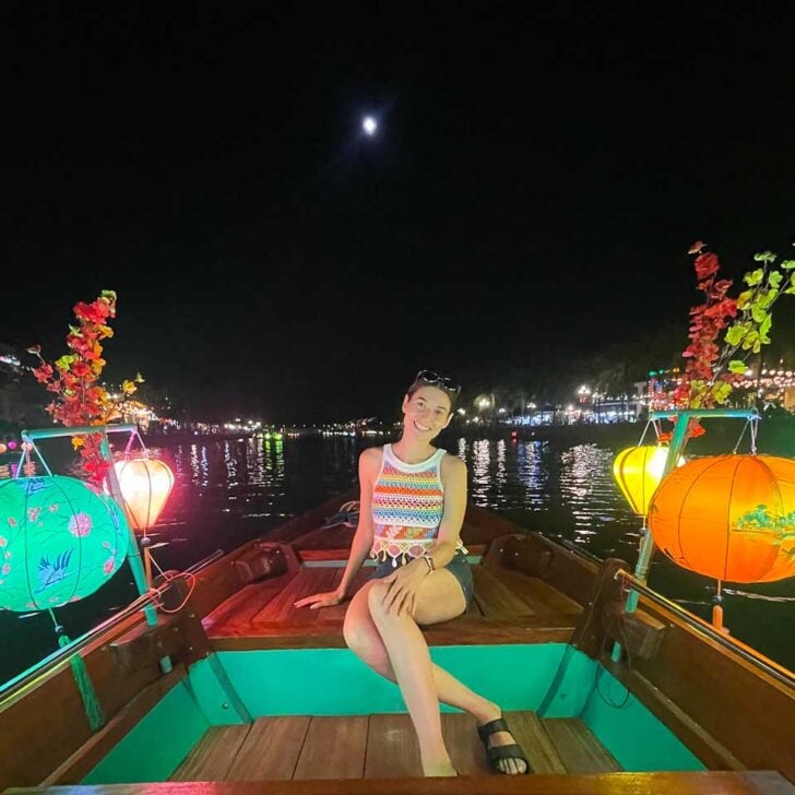 Riding in a latern lit boat in Hoi An