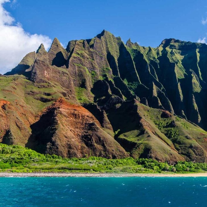 The Na Pali coast seen on a boat tour from Kauai Hawaii
