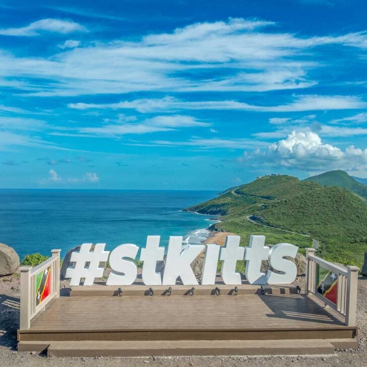 Timothy Hill Lookout and sign seen from St Kitts and Nevis