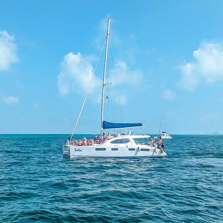 A-catamaran-in-the-beautiful-waters-off-the-coast-of-Palma-De-Mallorca-Spain