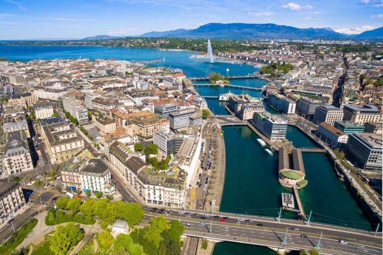 Aerial view of Leman lake, Geneva city in Switzerland