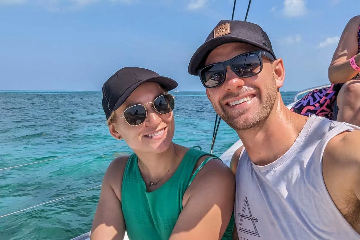 Daniel-and-Bailey-take-a-selfie-on-a-catamaran-cruise-Mykonos-Greece