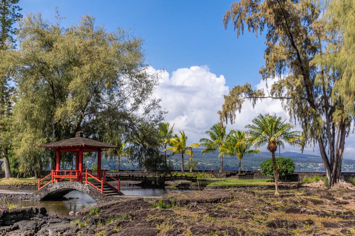 Japanese covered bridge at Liliuokalani Gardens in Hilo on Big Island Hawaii
