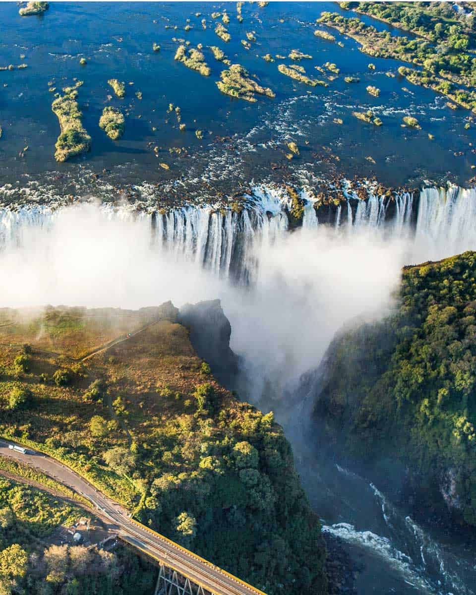 Looking down at Victoria Falls on a helicopter tour from Victoria Falls Zimbabwe
