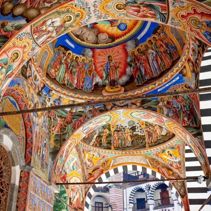 Murals inside Rila Monastery seen on a tour from Sofia Bulgaria