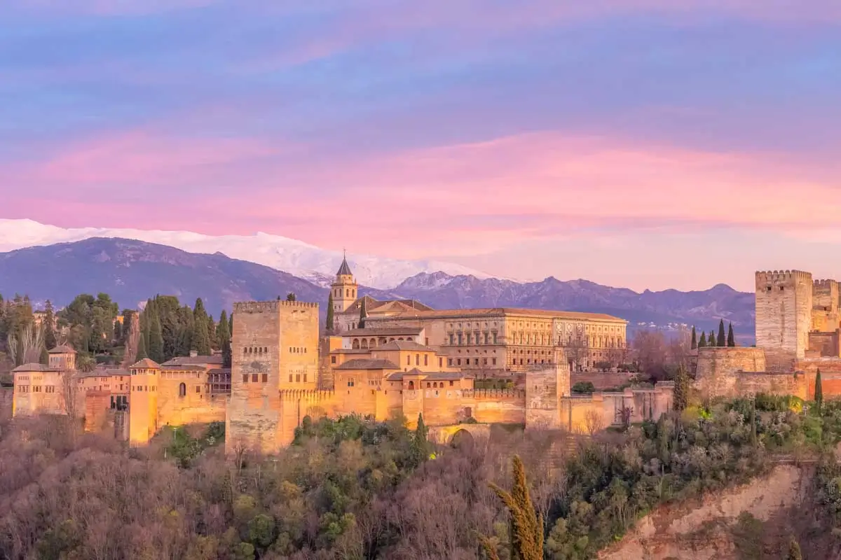 Sunset at Mirador de San Nicolás in Granada, Spain
