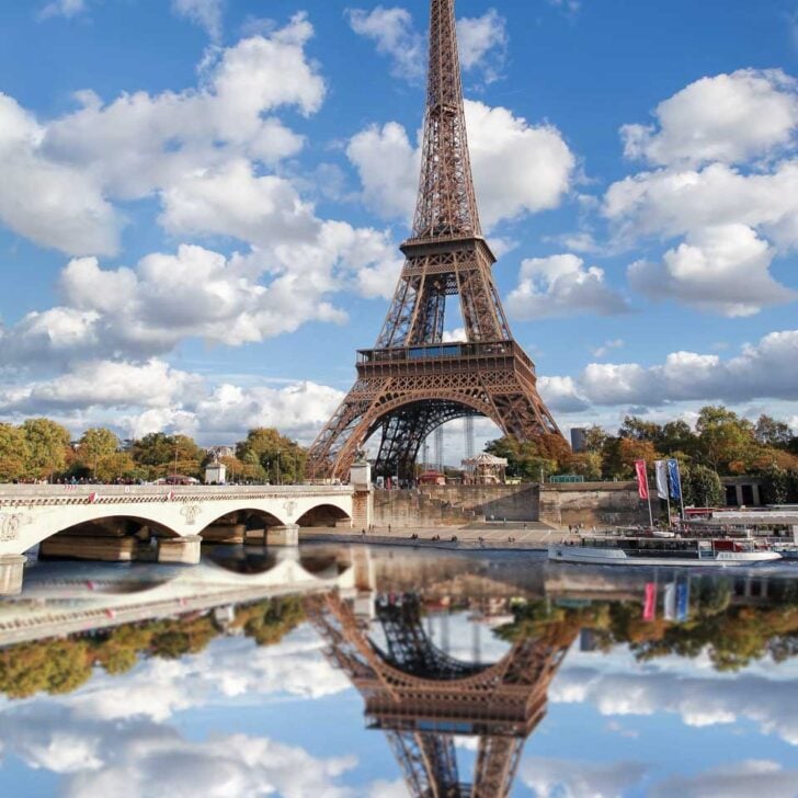 The Eiffel Tower seen from a Seine River cruise in Paris France