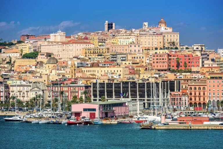 The coastline and city of Cagliari seen on a boat tour in Sardinia