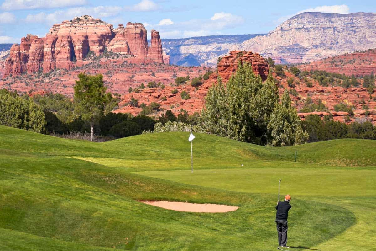 A golf course on a clear day in Sedona Arizona