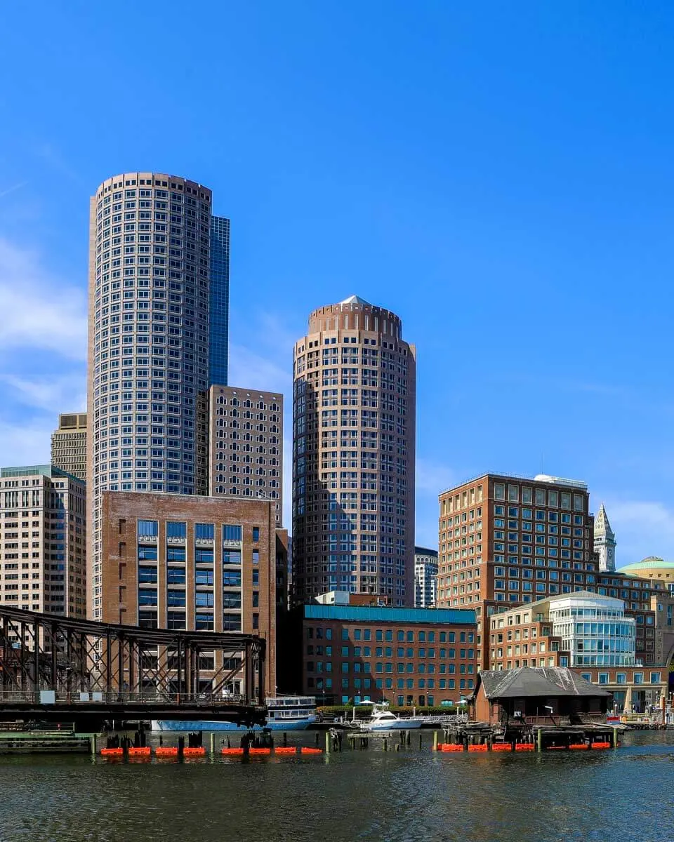 Boston Massachusetts cityscape from harbor on a tall ship tour